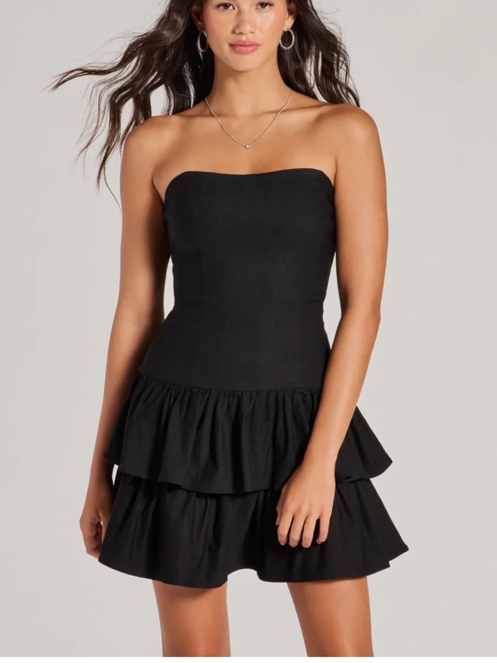 Windsor Strapless Black Tiered Ruffle Mini Dress